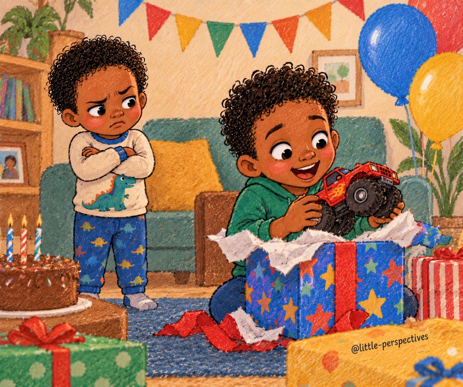 Two children react differently to a birthday gift while family celebrations continue around them.