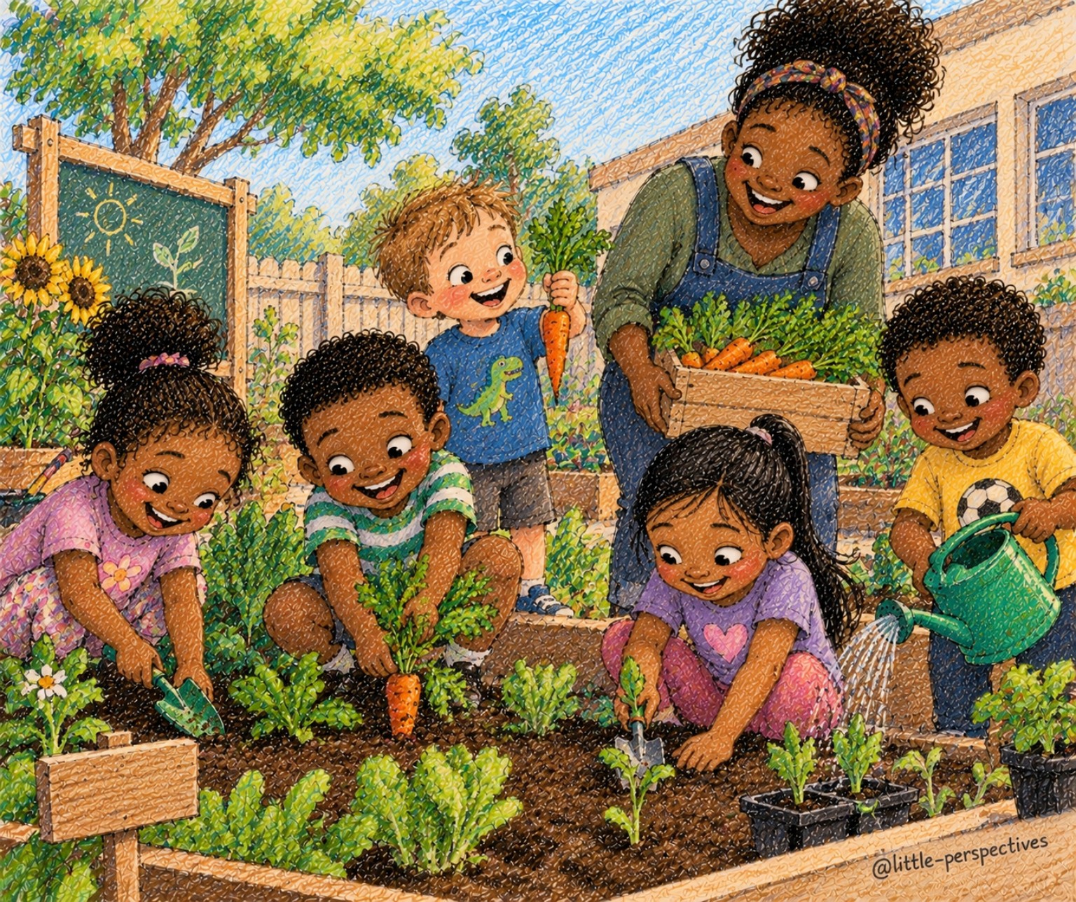 Children work together in a garden with an adult, planting and caring for vegetables.