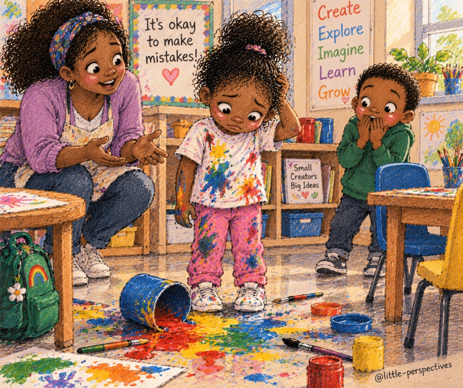 A child has accidentally spilled paint in a classroom while another child watches and an adult helps them respond to the mistake.