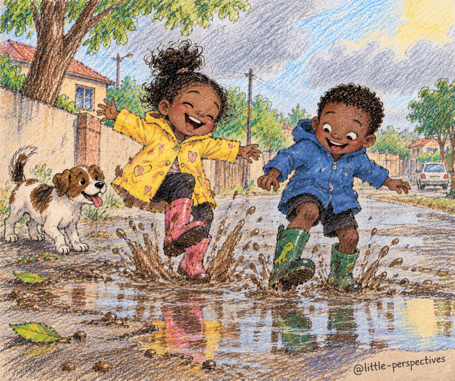 Two children and a dog enjoy jumping through puddles on a rainy day.