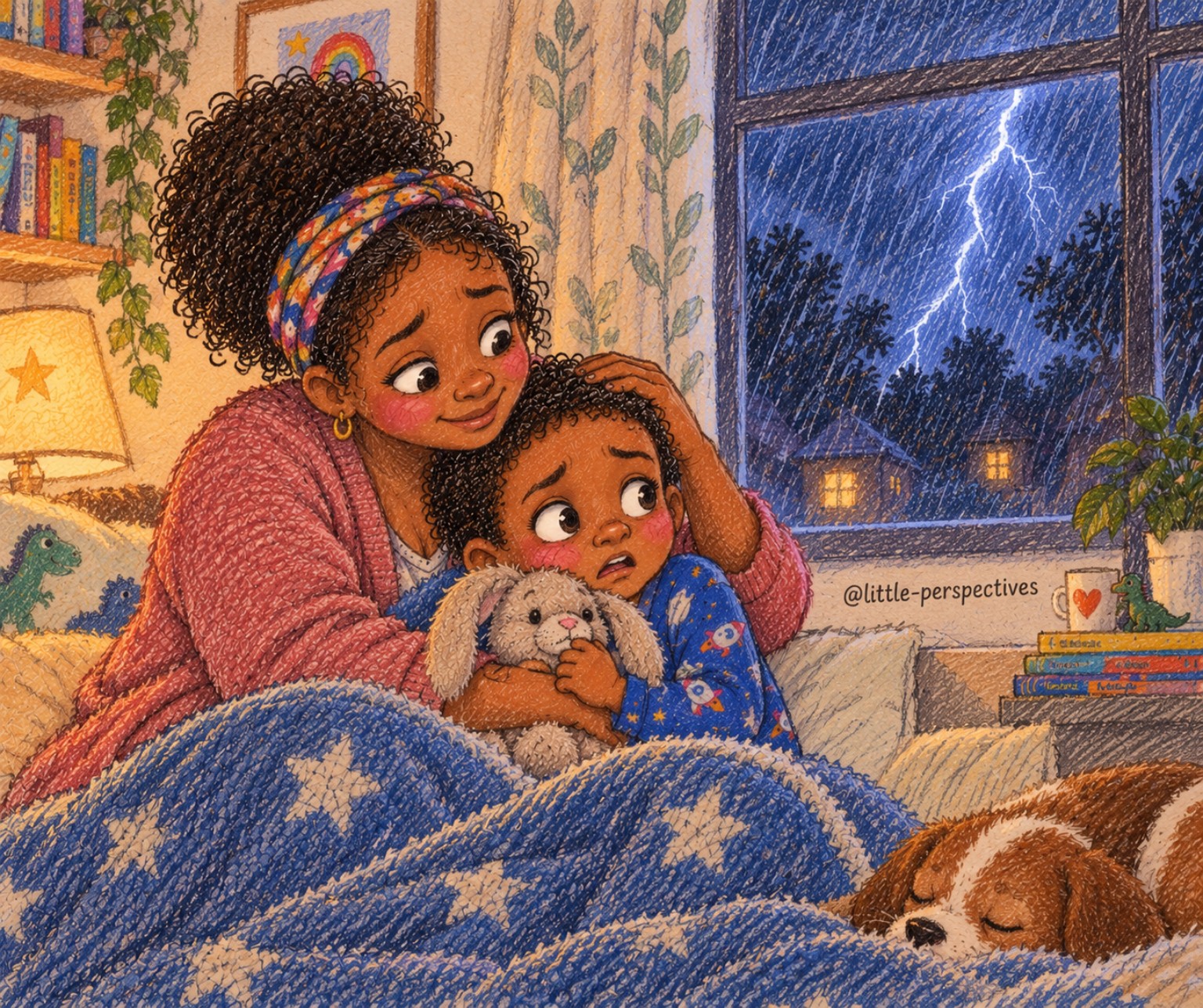 A parent comforts a child during a stormy night at home while their dog rests nearby.