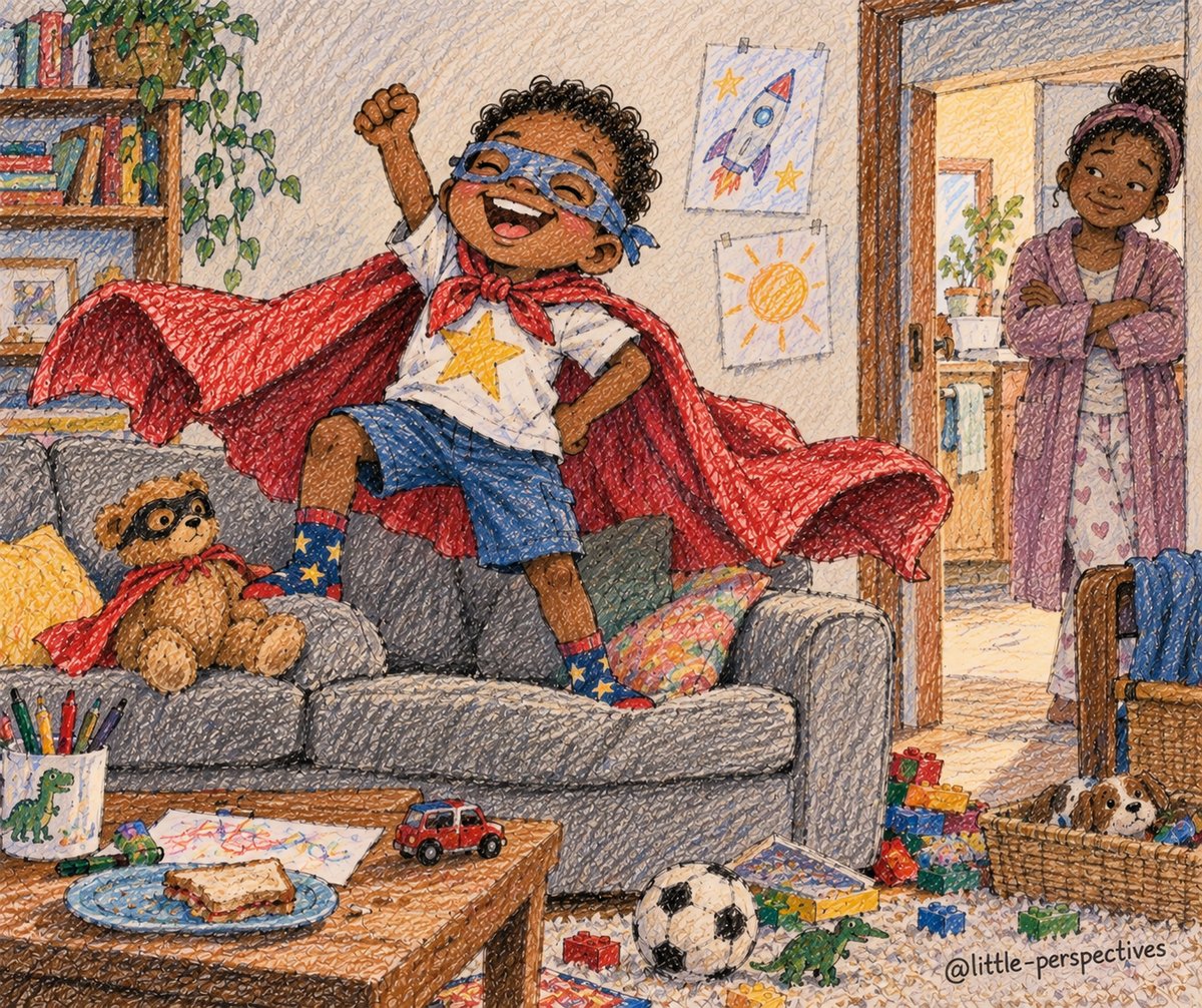 A boy in a homemade cape and mask jumps on the couch pretending to be a superhero, while his teddy bear wears a mask too.