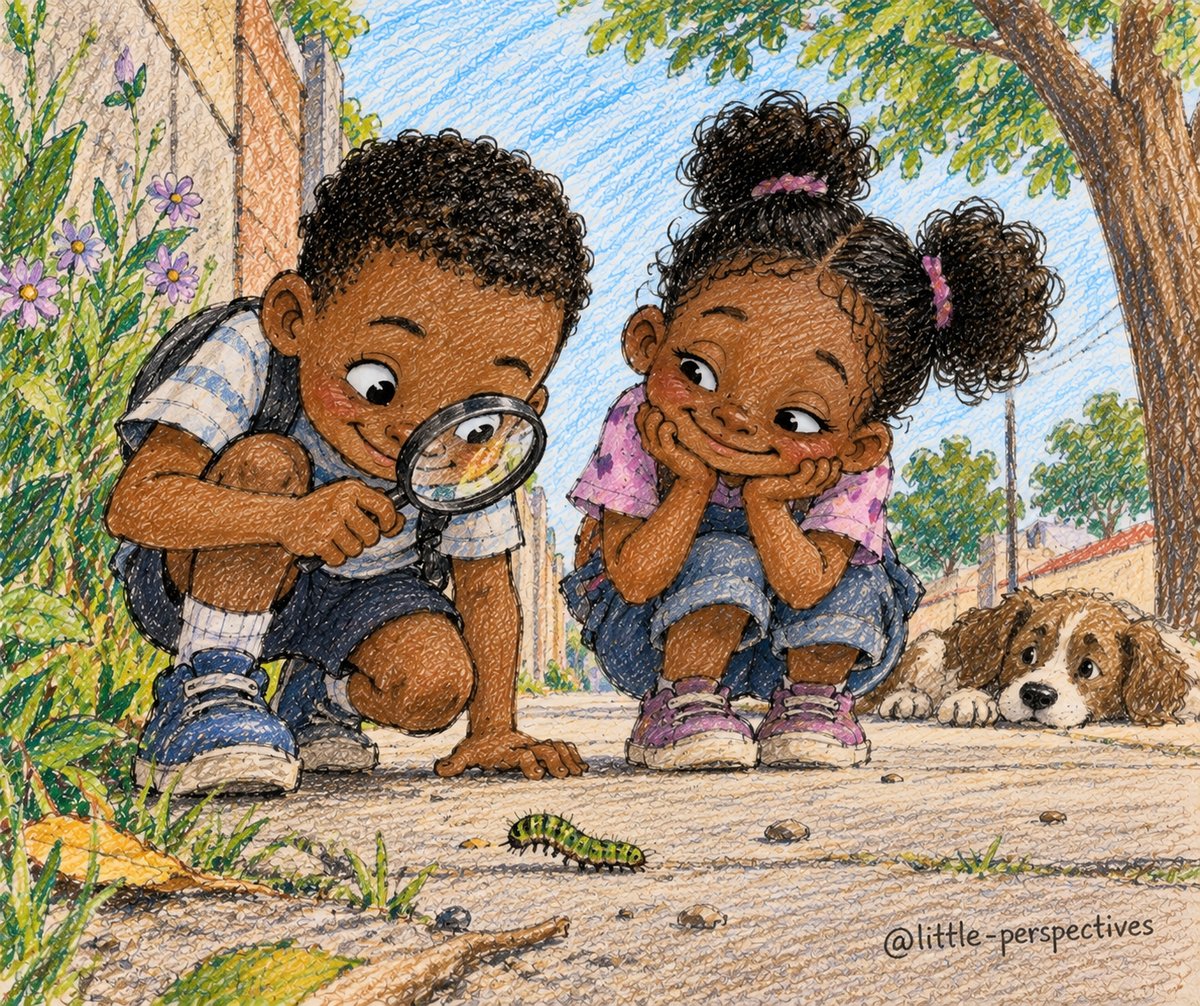 Two children crouch down with a magnifying glass to look closely at a caterpillar on the pavement, with a dog watching nearby.