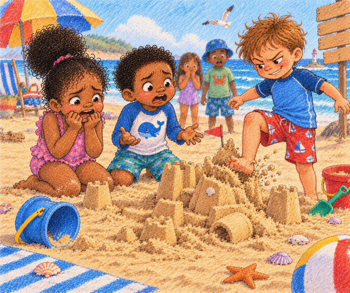 A boy kicks down a sandcastle while two children look upset and worried nearby on the beach.