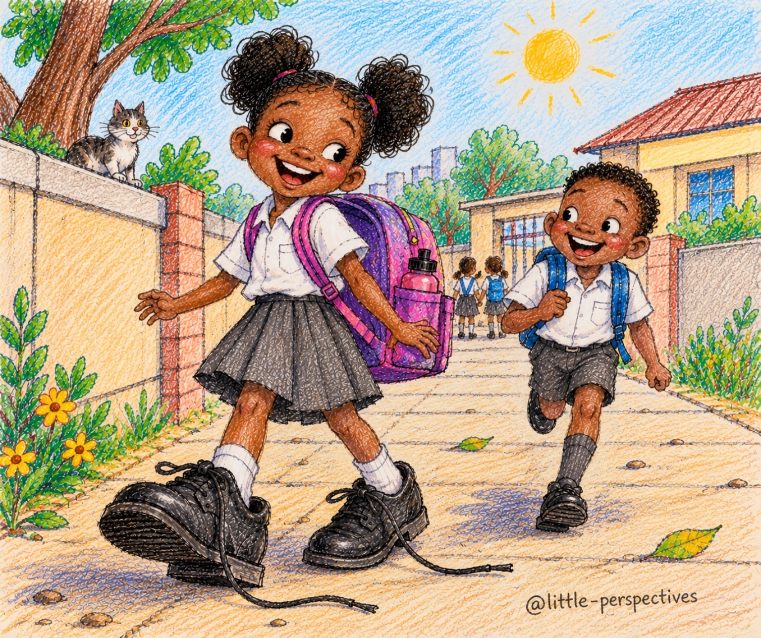 Two children walk to school together on a sunny morning, carrying their backpacks.